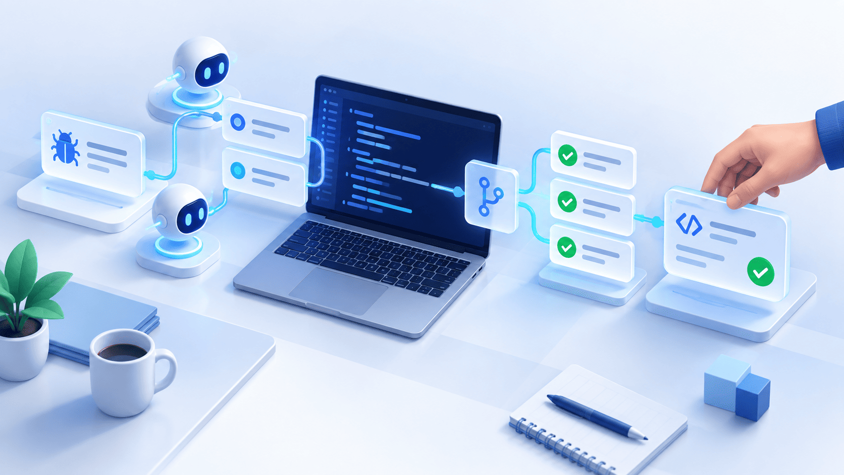 Illustration of AI assistants connecting a software issue, code, test checks, and a human-reviewed change