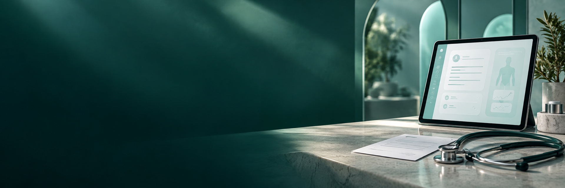 Tablet, prescription sheet and stethoscope on a softly lit clinic desk